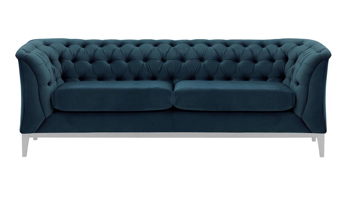 Canapé 2,5 places Chesterfield Modern Wood, bleu - Velluto 11, Couleur des pieds: Blanc