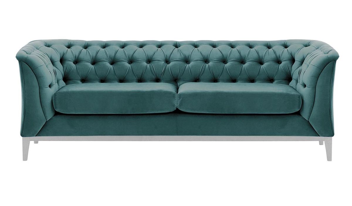 Canapé 2,5 places Chesterfield Modern Wood, bleu - Velluto 12, Couleur des pieds: Blanc