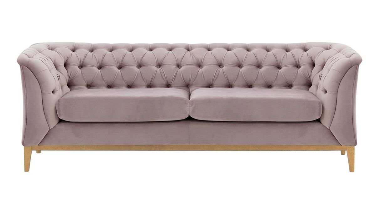 Canapé 2,5 places Chesterfield Modern Wood, lila/rose - Velluto 14, Couleur des pieds: Chêne clair