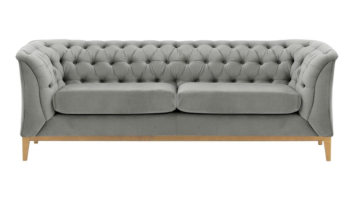 Canapé 2,5 places Chesterfield Modern Wood, gris clair - Velluto 15, Couleur des pieds: Chêne clair