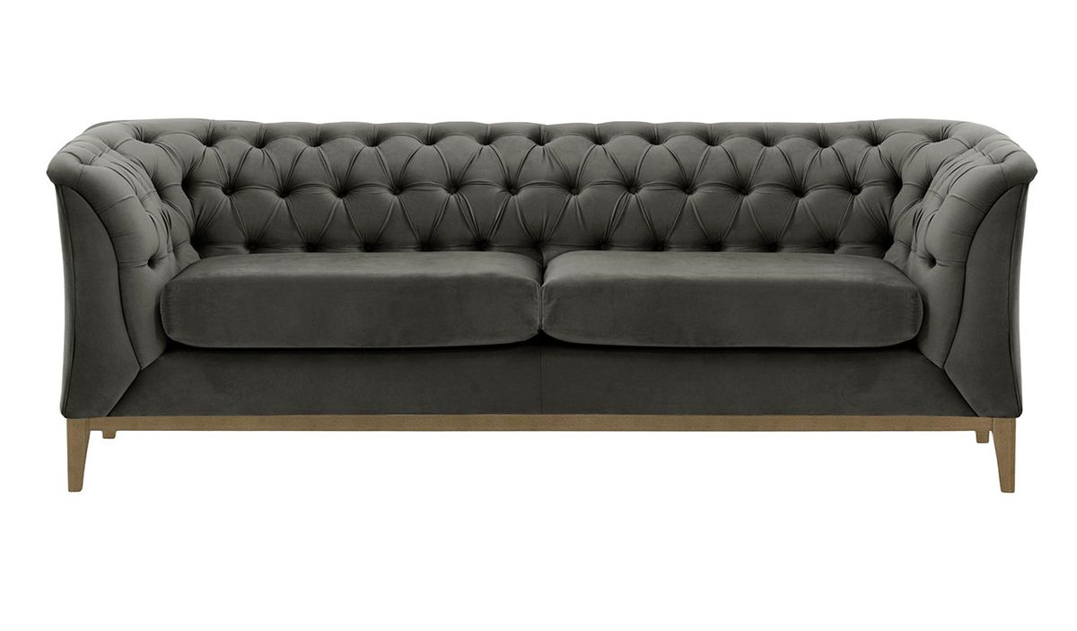 Canapé 2,5 places Chesterfield Modern Wood, graphite - Velluto 19, Couleur des pieds: Noir wax