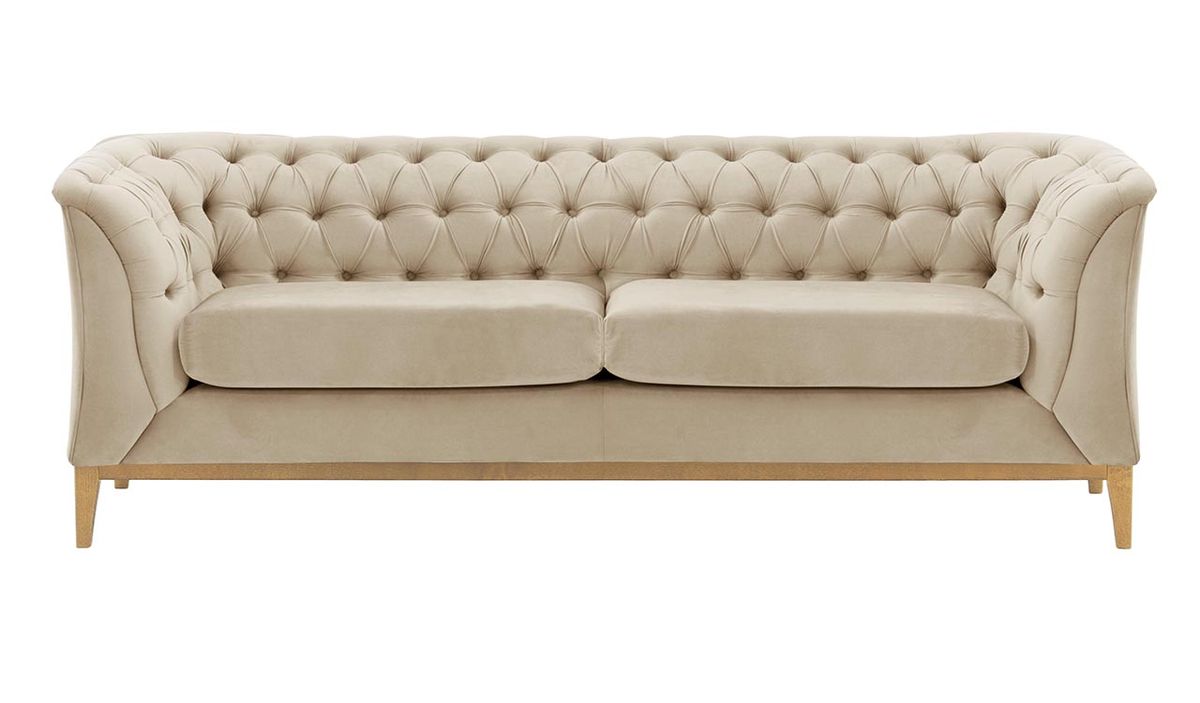 Canapé 2,5 places Chesterfield Modern Wood, beige clair - Velluto 2, Couleur des pieds: Chêne clair