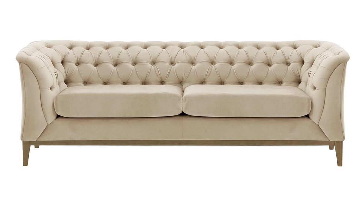 Canapé 2,5 places Chesterfield Modern Wood, beige clair - Velluto 2, Couleur des pieds: Noir wax