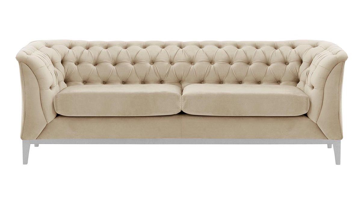 Canapé 2,5 places Chesterfield Modern Wood, beige clair - Velluto 2, Couleur des pieds: Blanc