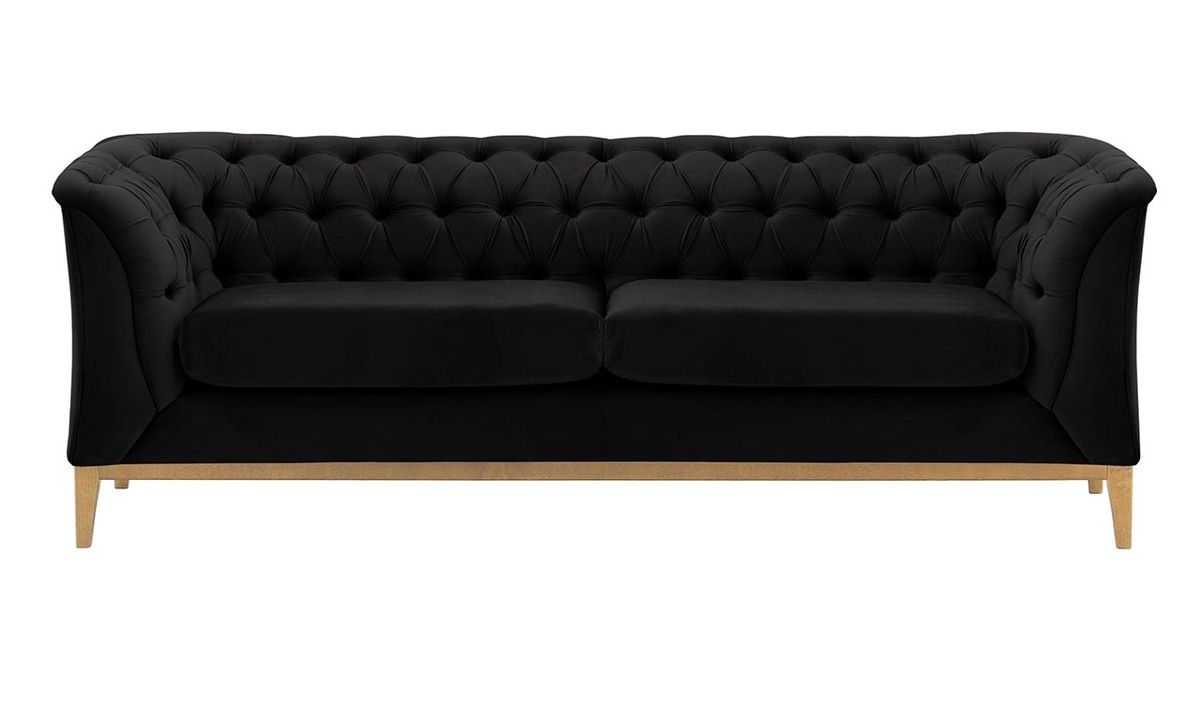 Canapé 2,5 places Chesterfield Modern Wood, noir - Velluto 20, Couleur des pieds: Chêne clair