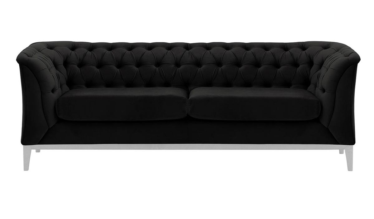Canapé 2,5 places Chesterfield Modern Wood, noir - Velluto 20, Couleur des pieds: Blanc
