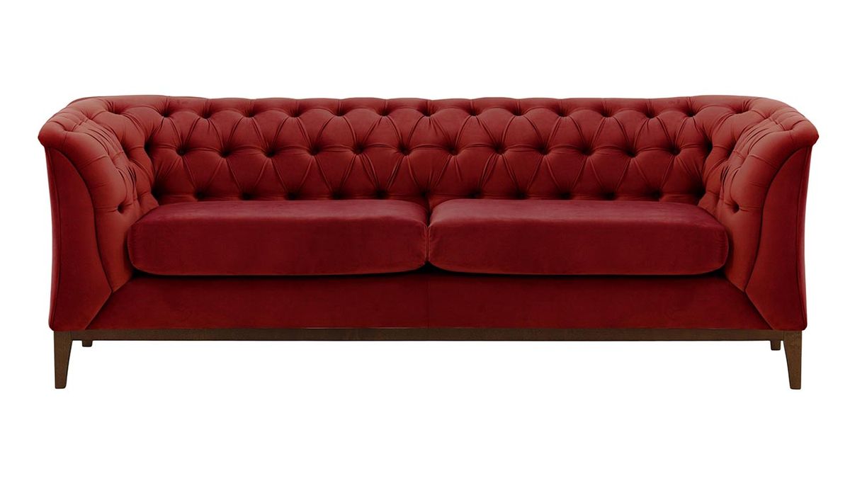 Canapé 2,5 places Chesterfield Modern Wood, rouge - Velluto 7, Couleur des pieds: Chêne foncé