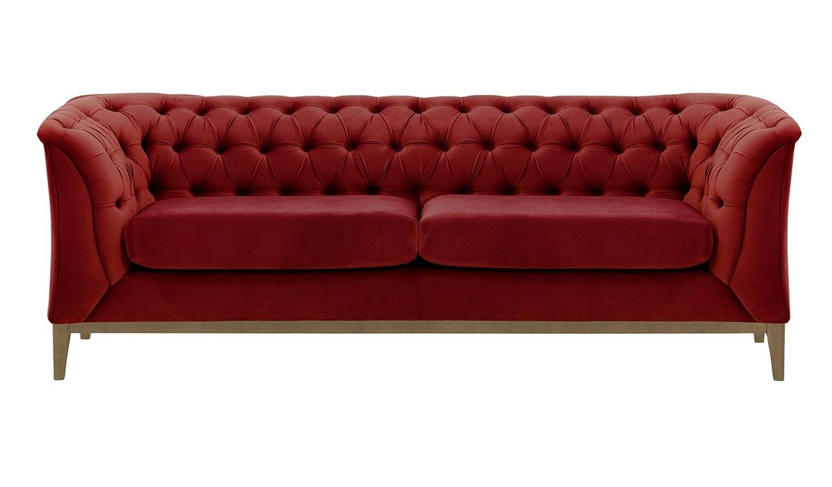Canapé 2,5 places Chesterfield Modern Wood, rouge - Velluto 7, Couleur des pieds: Noir wax