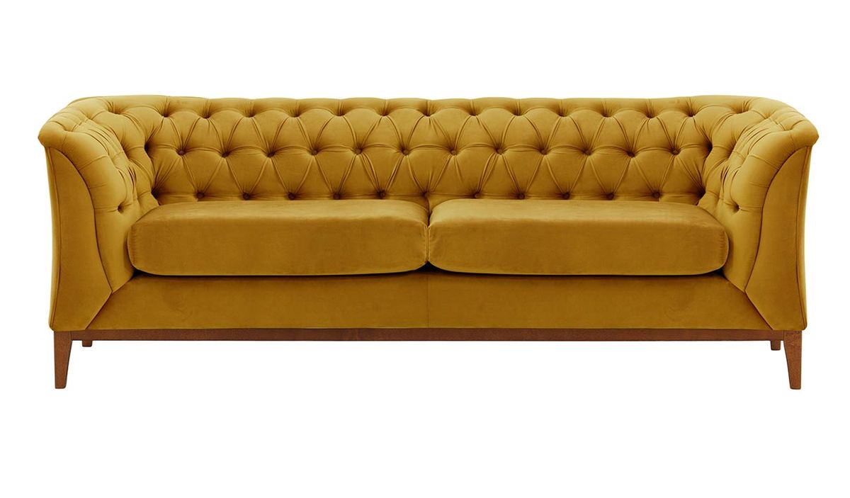 Canapé 2,5 places Chesterfield Modern Wood, moutarde - Velluto 8, Couleur des pieds: aveo