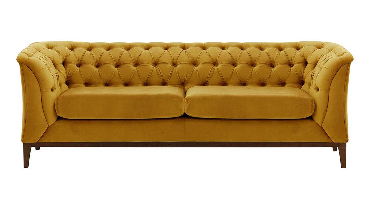 Canapé 2,5 places Chesterfield Modern Wood, moutarde - Velluto 8, Couleur des pieds: Chêne foncé