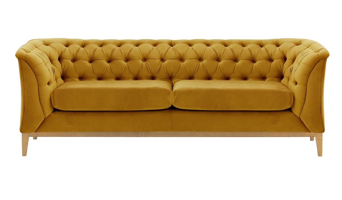Canapé 2,5 places Chesterfield Modern Wood, moutarde - Velluto 8, Couleur des pieds: Chêne clair