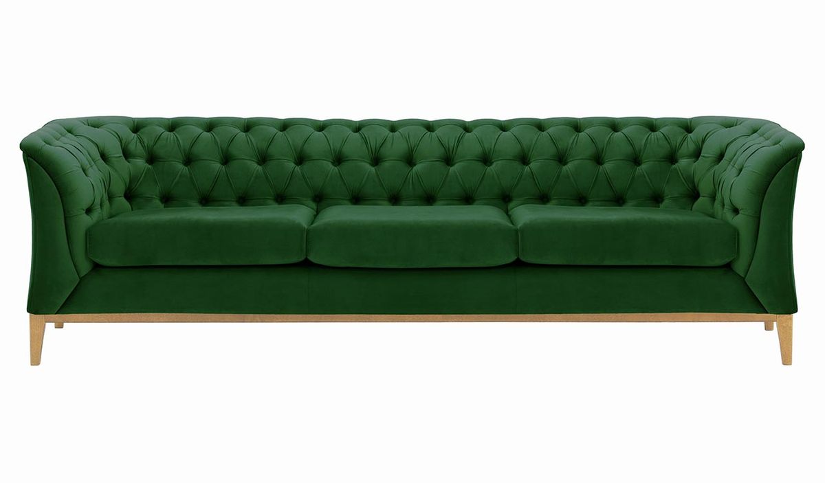 Canapé trois places Chesterfield Modern Wood, vert foncé - Velluto 10, Couleur des pieds: Chêne clair
