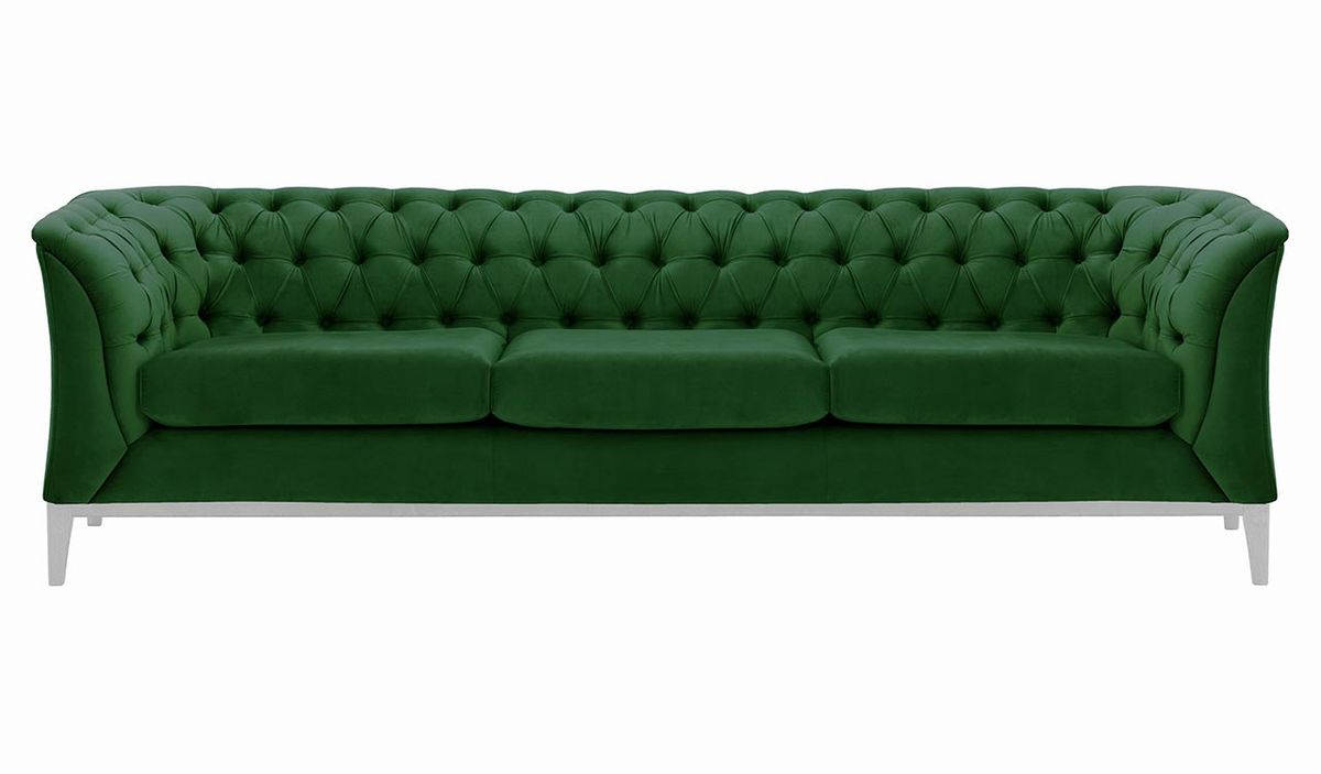 Canapé trois places Chesterfield Modern Wood, vert foncé - Velluto 10, Couleur des pieds: Blanc