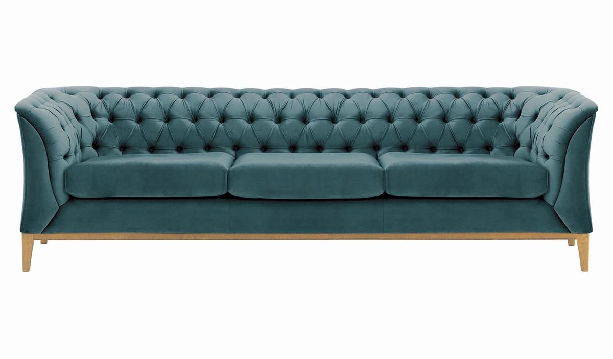 Canapé trois places Chesterfield Modern Wood, bleu - Velluto 12, Couleur des pieds: Chêne clair