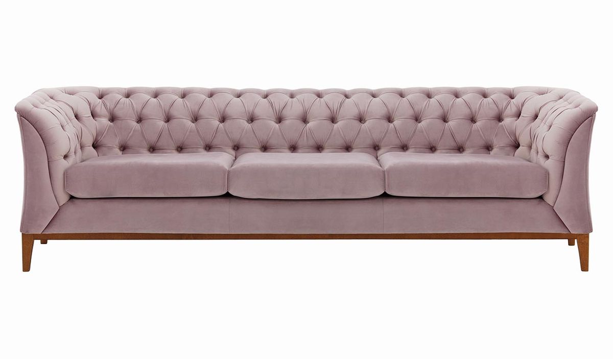 Canapé trois places Chesterfield Modern Wood, lila/rose - Velluto 14, Couleur des pieds: aveo