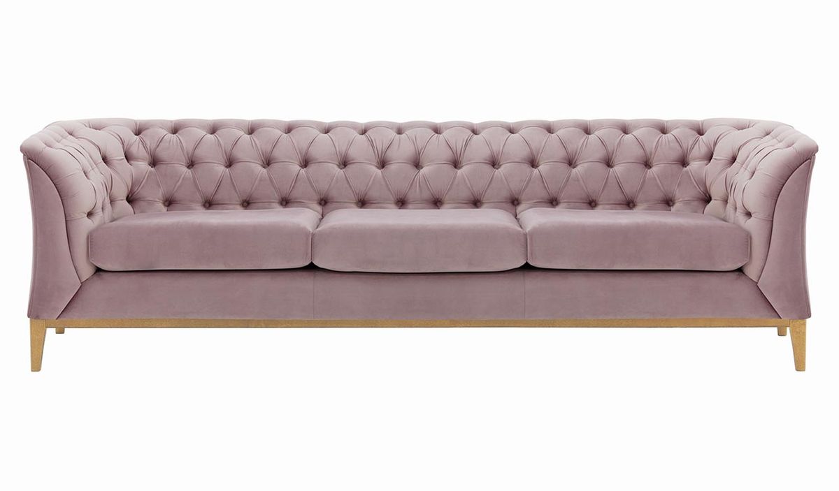 Canapé trois places Chesterfield Modern Wood, lila/rose - Velluto 14, Couleur des pieds: Chêne clair