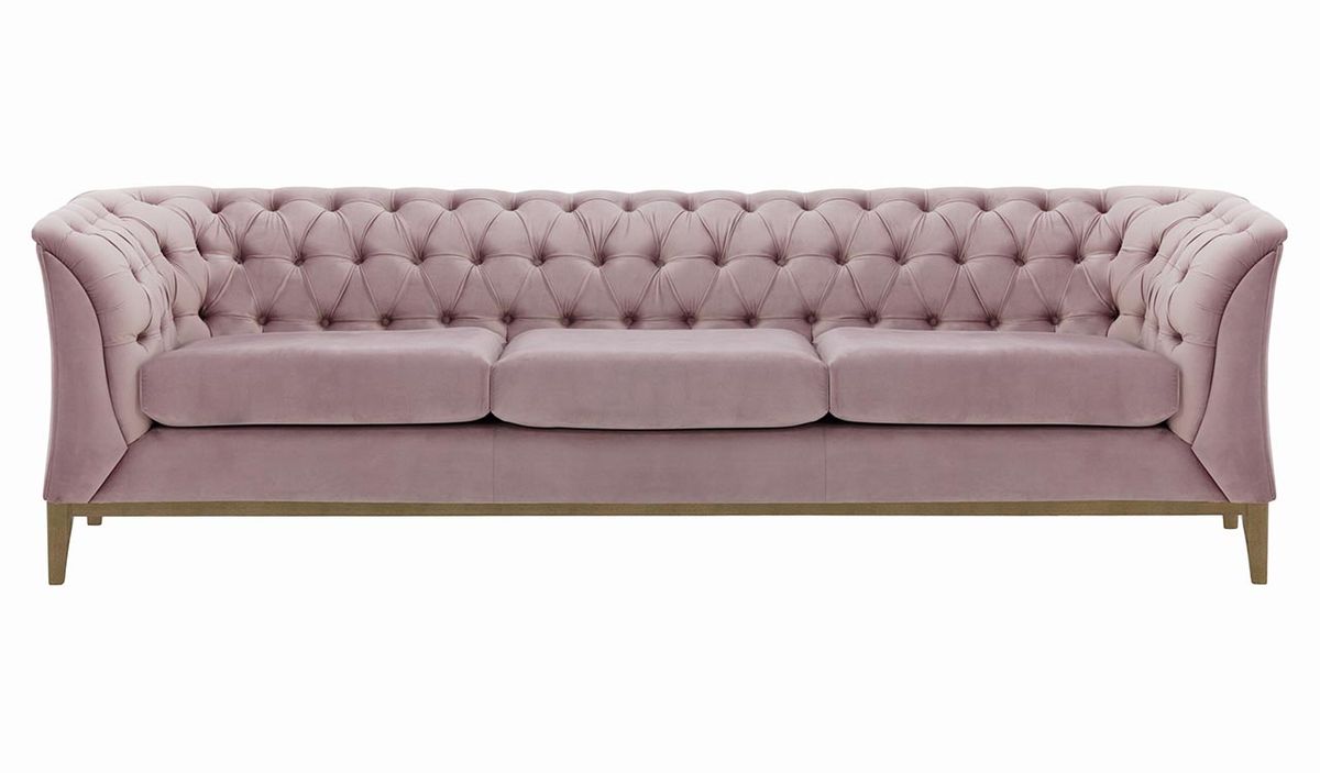 Canapé trois places Chesterfield Modern Wood, lila/rose - Velluto 14, Couleur des pieds: Noir wax