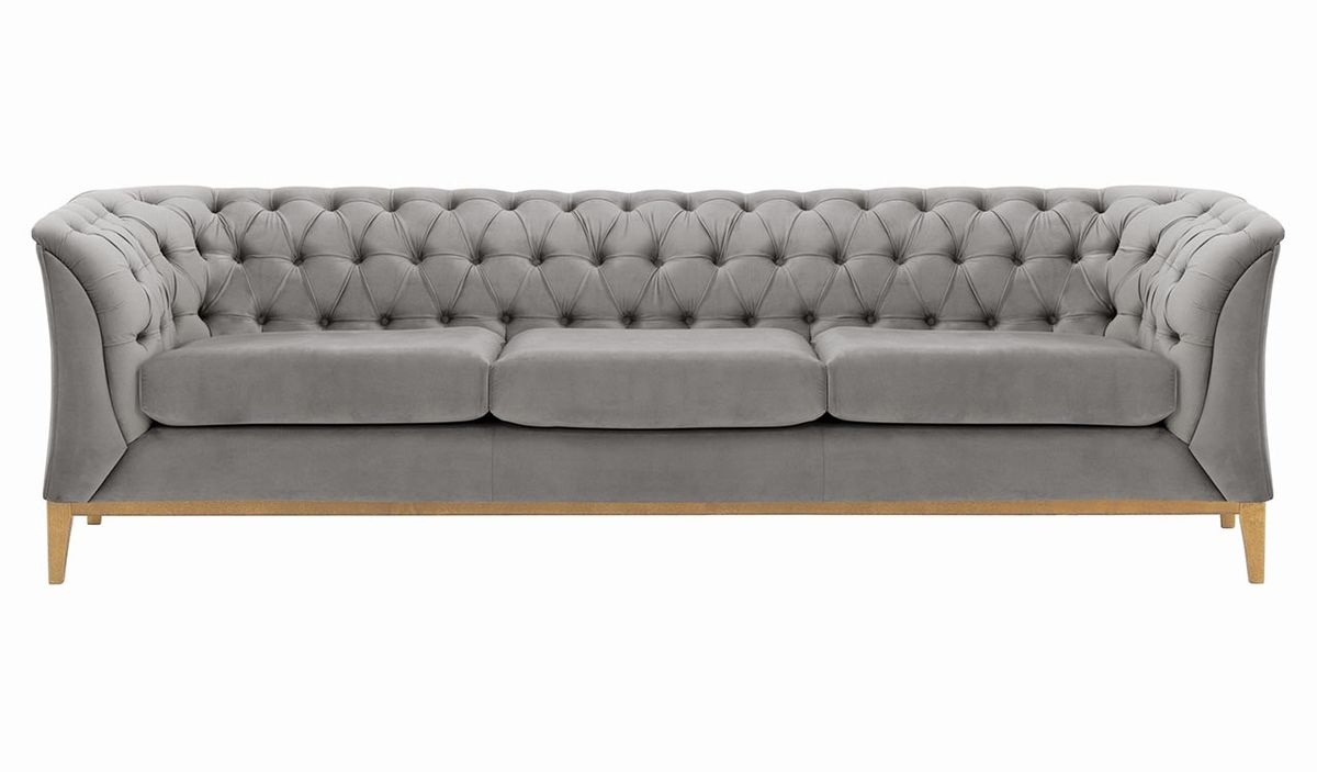 Canapé trois places Chesterfield Modern Wood, gris clair - Velluto 15, Couleur des pieds: Chêne clair