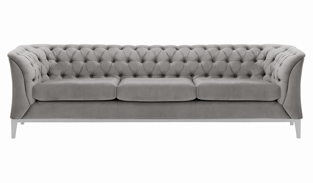 Canapé trois places Chesterfield Modern Wood, gris clair - Velluto 15, Couleur des pieds: Blanc