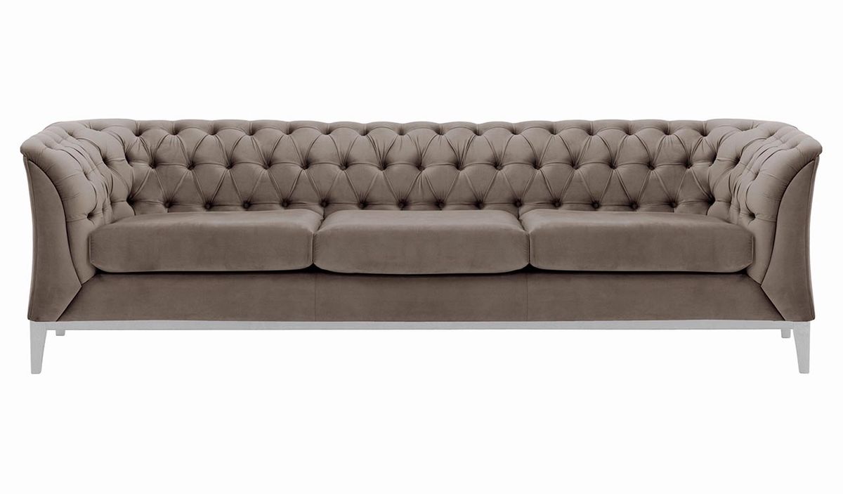 Canapé trois places Chesterfield Modern Wood, gris éléphant - Velluto 17, Couleur des pieds: Blanc