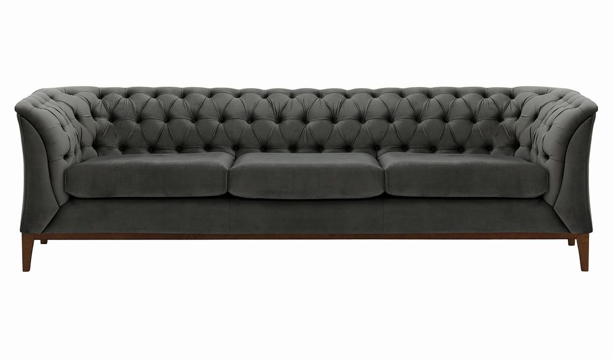 Canapé trois places Chesterfield Modern Wood, graphite - Velluto 19, Couleur des pieds: Chêne foncé