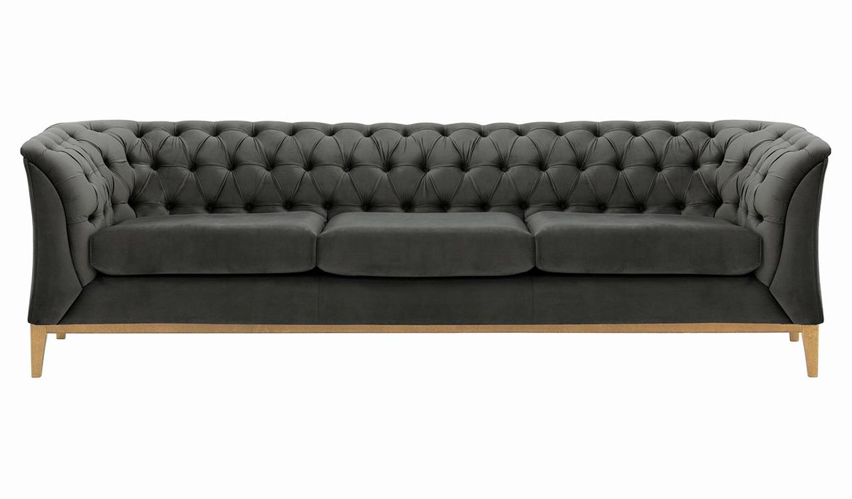 Canapé trois places Chesterfield Modern Wood, graphite - Velluto 19, Couleur des pieds: Chêne clair