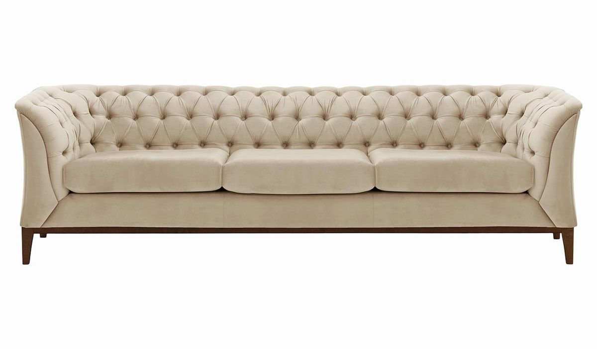 Canapé trois places Chesterfield Modern Wood, beige clair - Velluto 2, Couleur des pieds: Chêne foncé