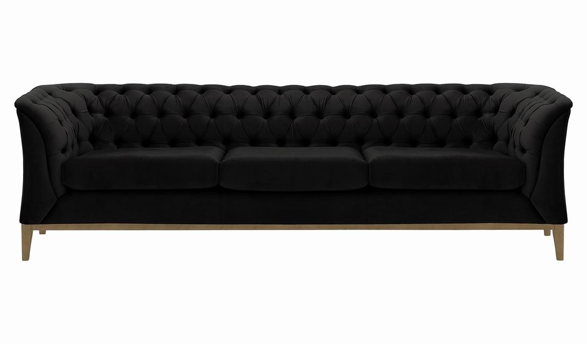 Canapé trois places Chesterfield Modern Wood, noir - Velluto 20, Couleur des pieds: Noir wax