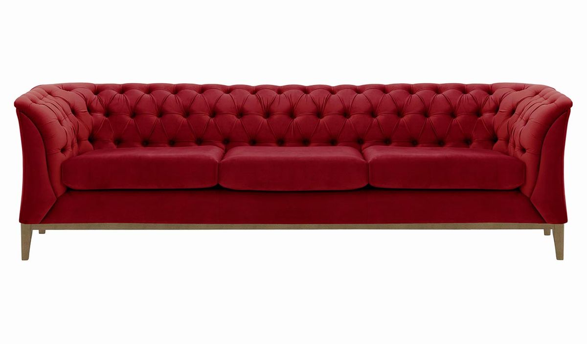Canapé trois places Chesterfield Modern Wood, rouge - Velluto 7, Couleur des pieds: Noir wax