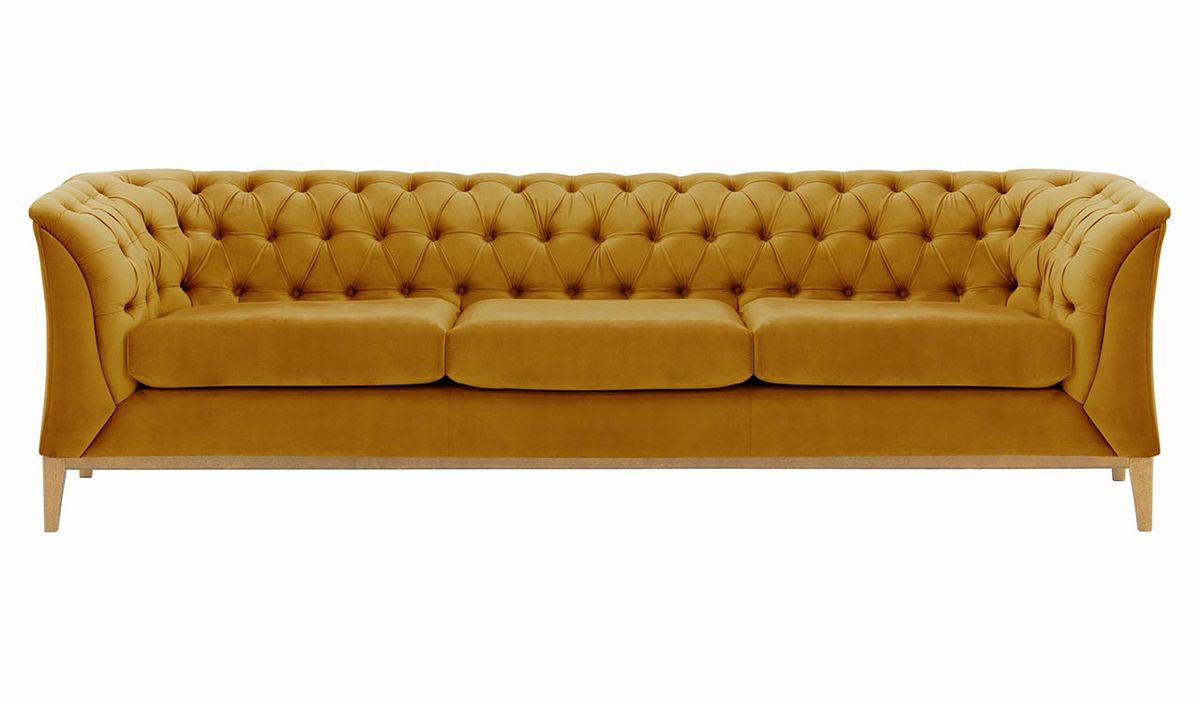 Canapé trois places Chesterfield Modern Wood, moutarde - Velluto 8, Couleur des pieds: Chêne clair