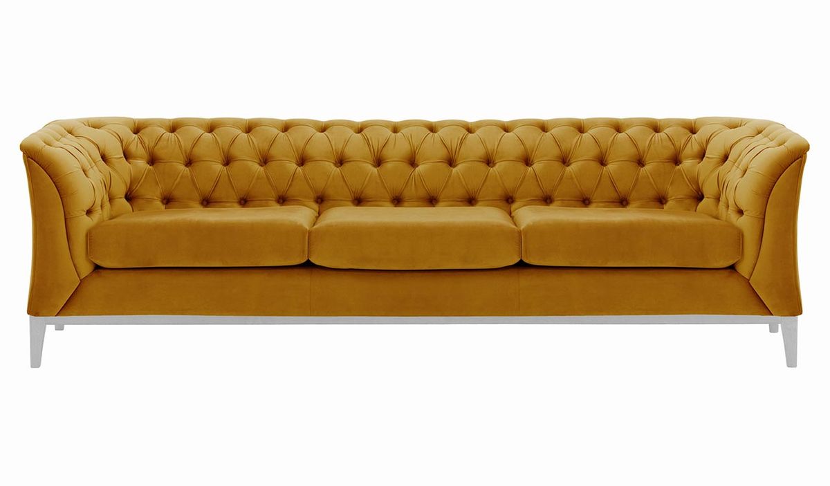 Canapé trois places Chesterfield Modern Wood, moutarde - Velluto 8, Couleur des pieds: Blanc