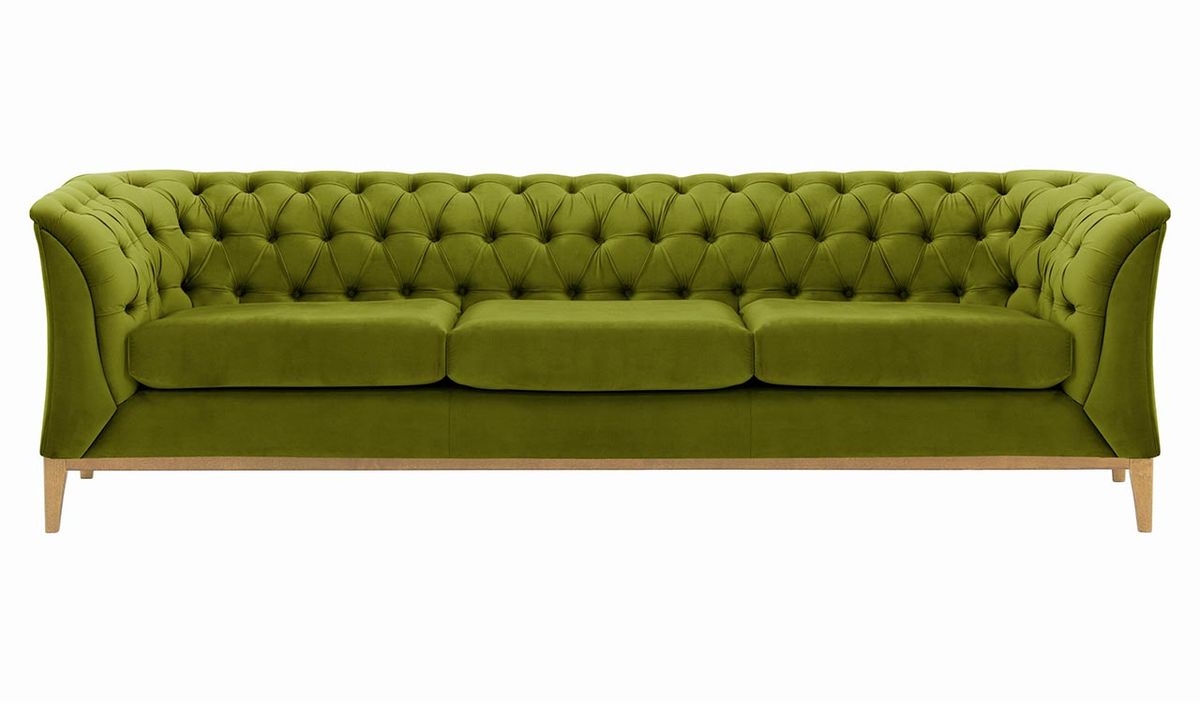Canapé trois places Chesterfield Modern Wood, olive - Velluto 9, Couleur des pieds: Chêne clair