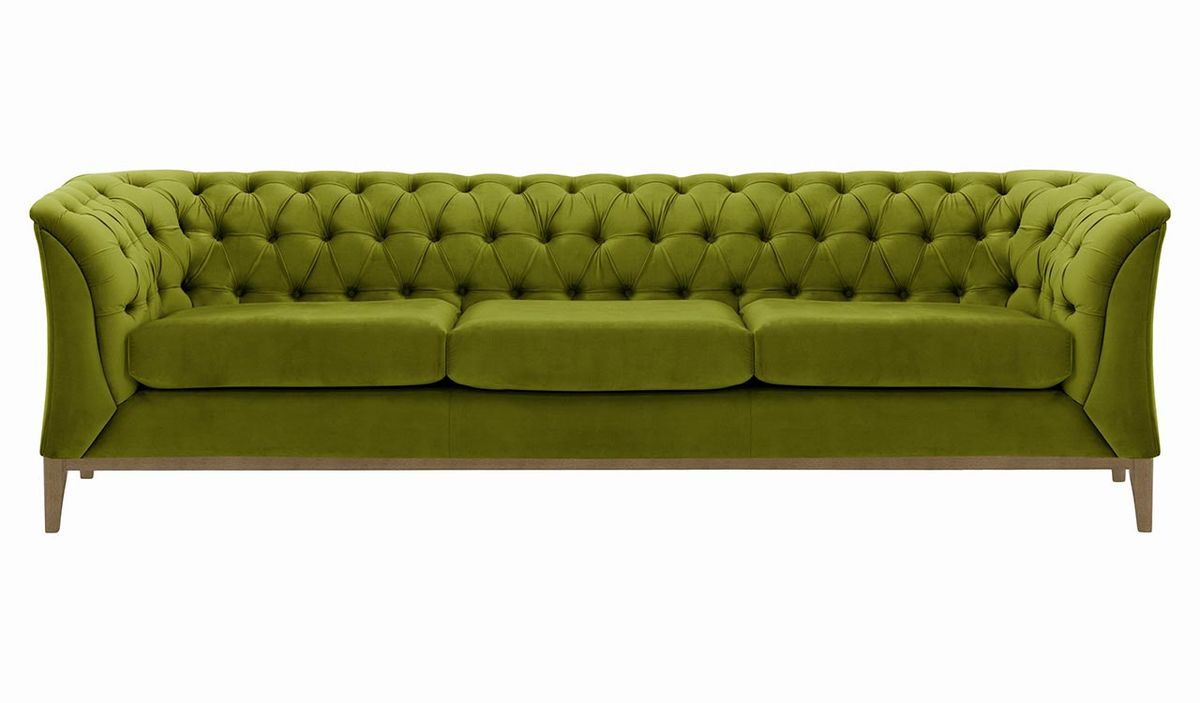 Canapé trois places Chesterfield Modern Wood, olive - Velluto 9, Couleur des pieds: Noir wax