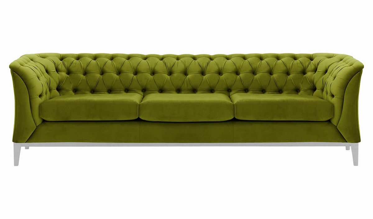 Canapé trois places Chesterfield Modern Wood, olive - Velluto 9, Couleur des pieds: Blanc