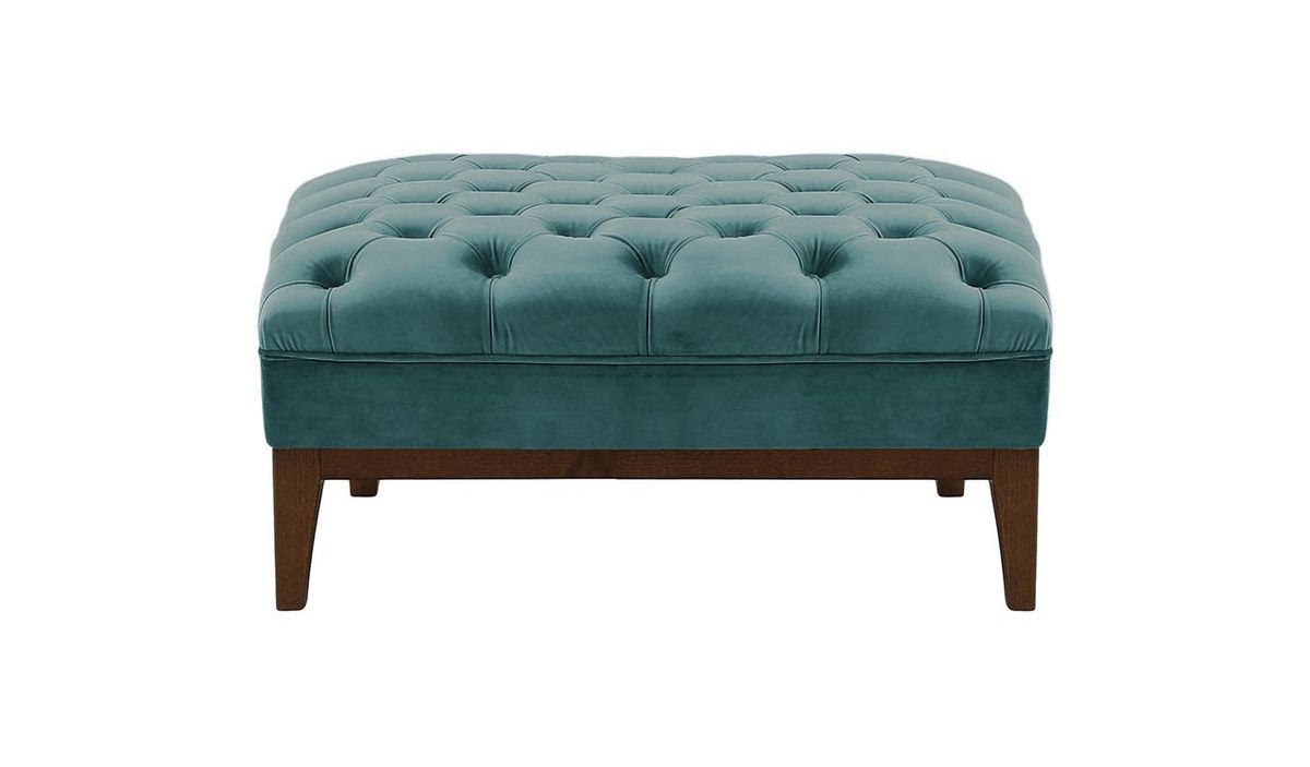 Pouf Chesterfield Modern Wood, bleu - Velluto 12, Couleur des pieds: Chêne foncé