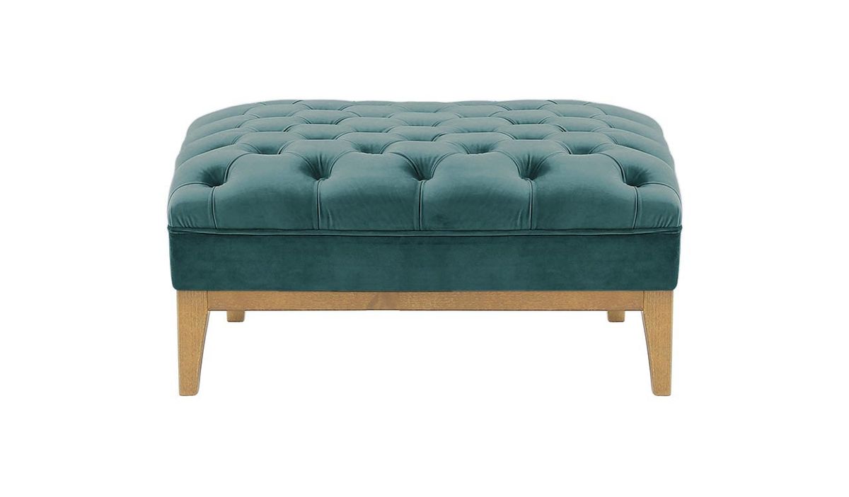 Pouf Chesterfield Modern Wood, bleu - Velluto 12, Couleur des pieds: Chêne clair