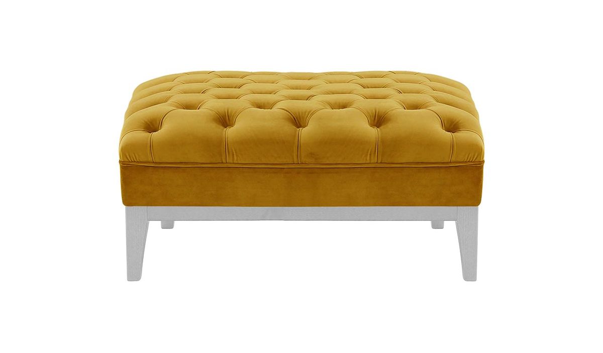 Pouf Chesterfield Modern Wood, moutarde - Velluto 8, Couleur des pieds: Blanc