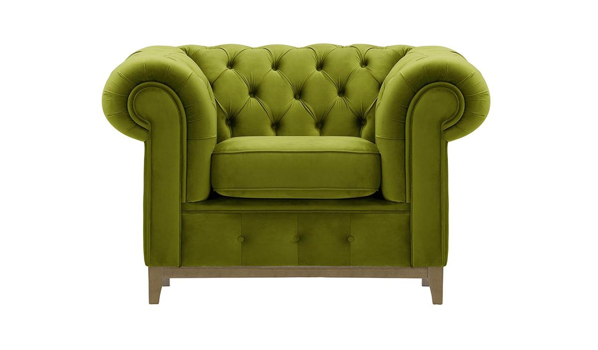 Fauteuil Chesterfield Grand, olive - Velluto 9, Couleur des pieds: Noir wax