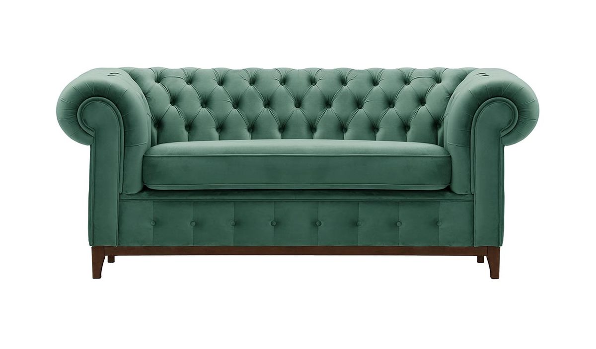 Canapé deux places Chesterfield Grand, bleu - Velluto 12, Couleur des pieds: Chêne foncé