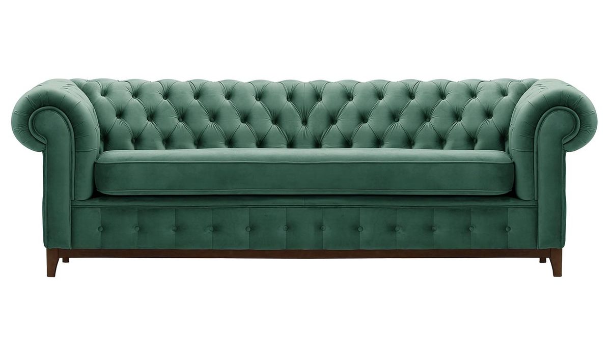 Canapé trois places Chesterfield Grand, bleu - Velluto 12, Couleur des pieds: Chêne foncé