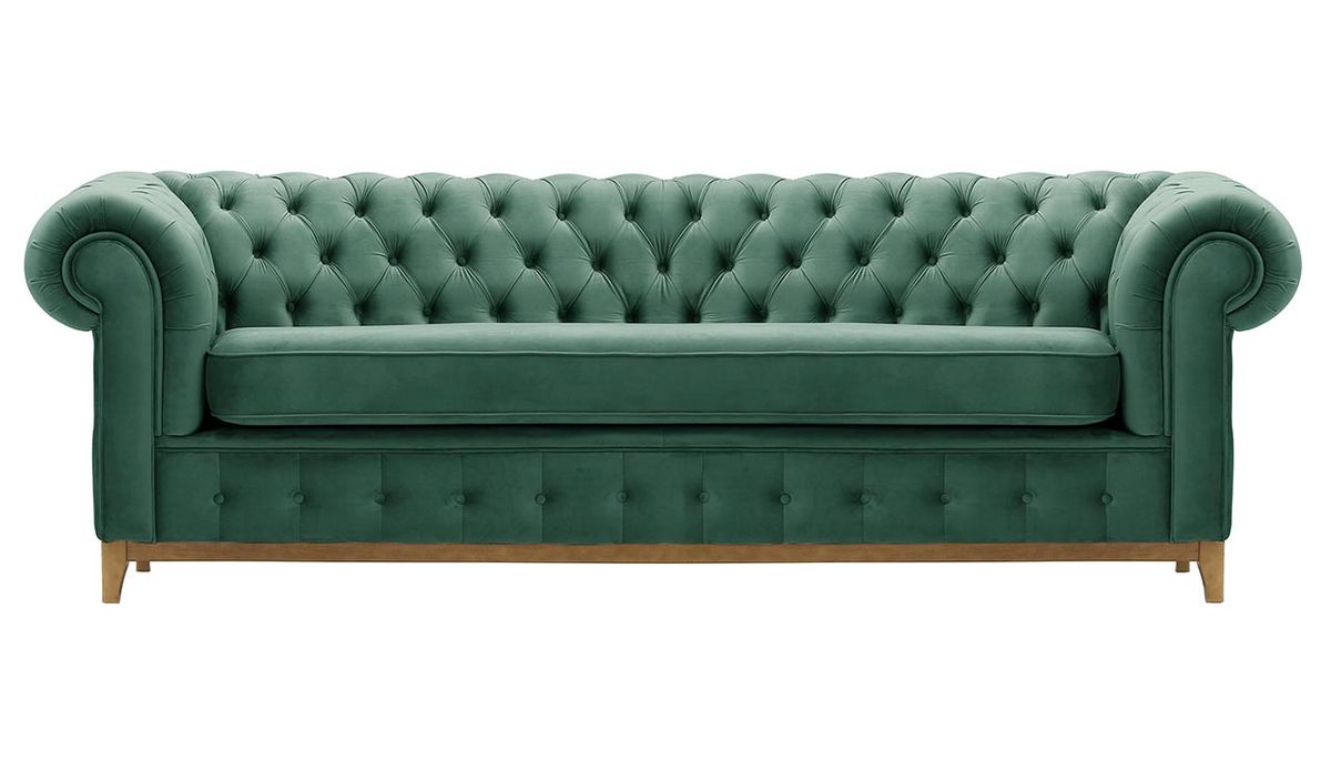 Canapé trois places Chesterfield Grand, bleu - Velluto 12, Couleur des pieds: Chêne clair
