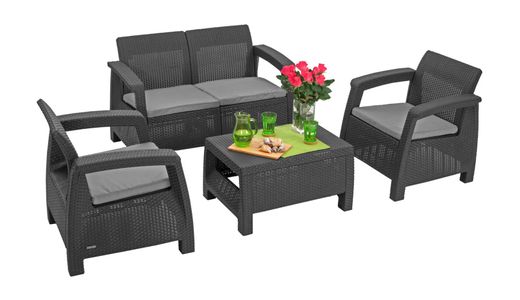 Ensemble de meubles de jardin Emma – graphite : canapé 2 places, 2 fauteuils et un pouf.
