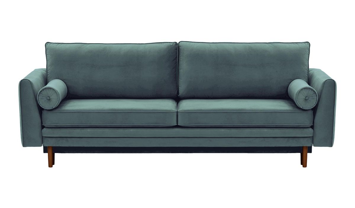 Canapé convertible avec coffre de rangement Cornelia, bleu - Velluto 12, Couleur des pieds: Chêne foncé
