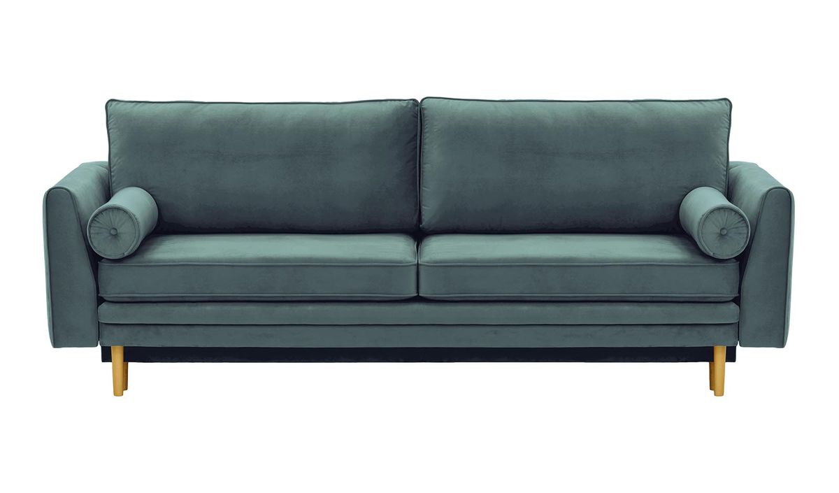 Canapé convertible avec coffre de rangement Cornelia, bleu - Velluto 12, Couleur des pieds: Chêne clair