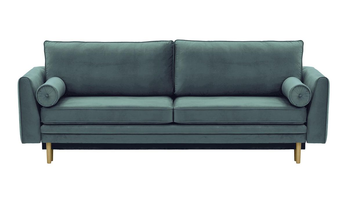 Canapé convertible avec coffre de rangement Cornelia, bleu - Velluto 12, Couleur des pieds: Noir wax