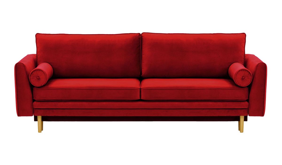 Canapé convertible avec coffre de rangement Cornelia, rouge - Velluto 7, Couleur des pieds: Chêne clair