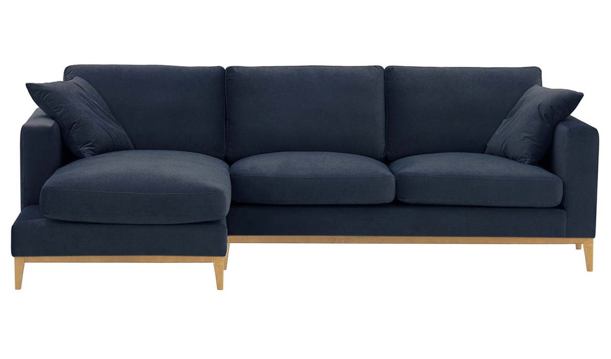 Canapé d’angle gauche Covex Wood, bleu - Velluto 11, Couleur des pieds: Chêne clair