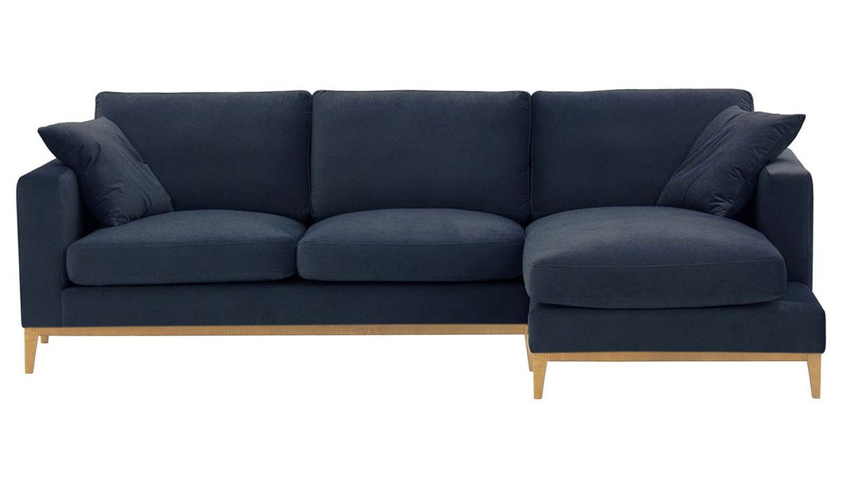 Canapé d’angle droit Covex Wood, bleu - Velluto 11, Couleur des pieds: Chêne clair