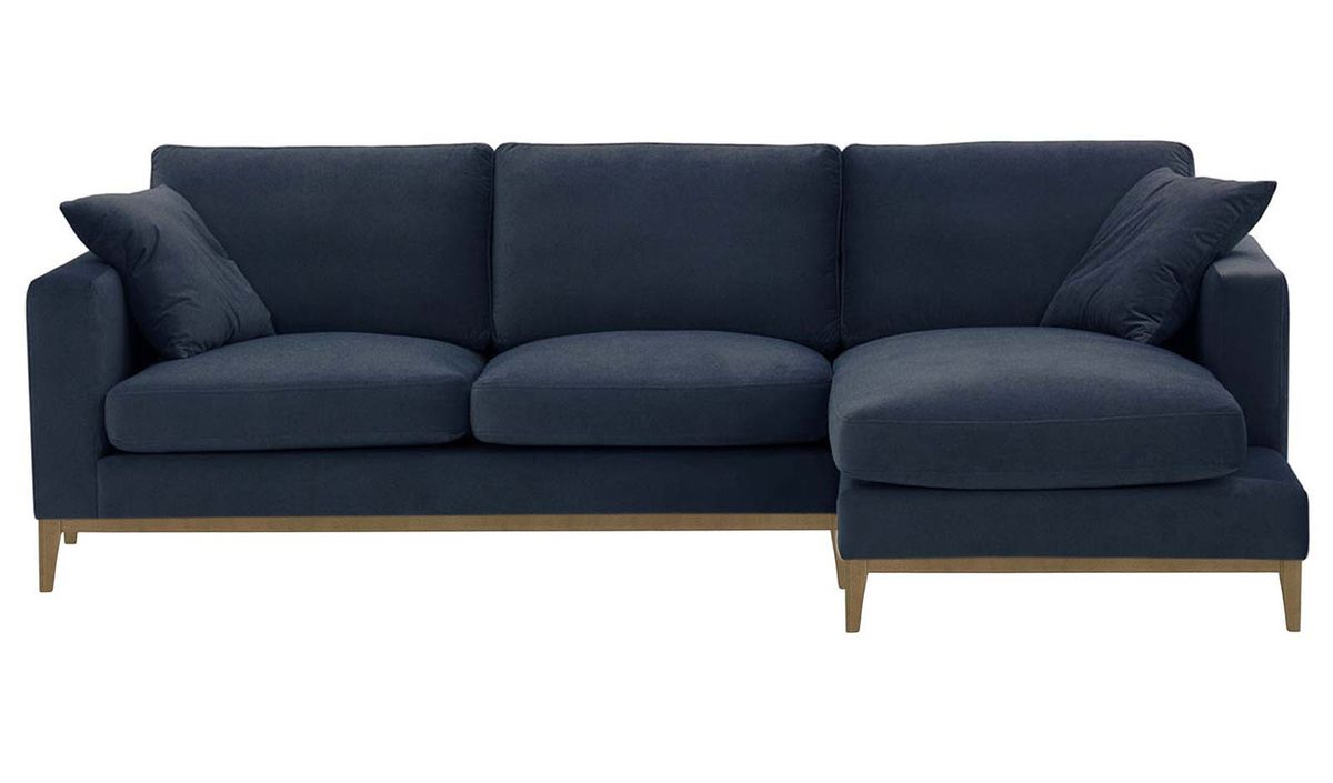 Canapé d’angle droit Covex Wood, bleu - Velluto 11, Couleur des pieds: Noir wax