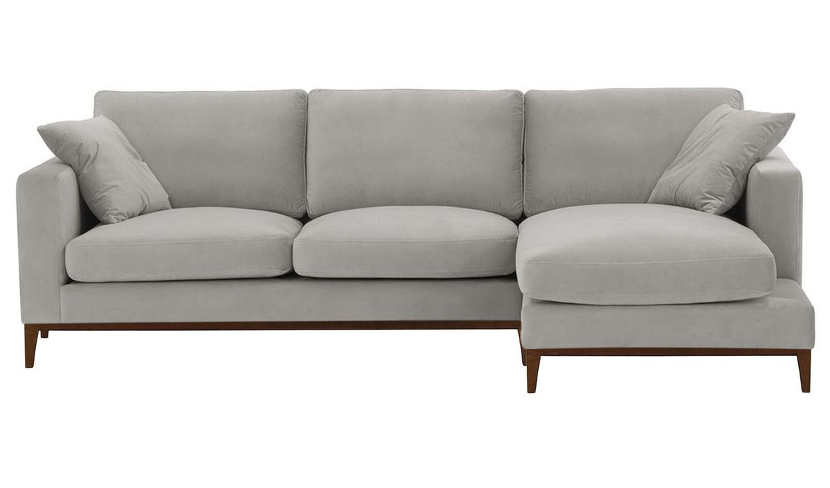 Canapé d’angle droit Covex Wood, gris clair - Velluto 15, Couleur des pieds: Chêne foncé
